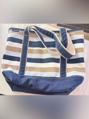Lands' End Medium Zip Striped Canvas Tote - Navy, White & Tan